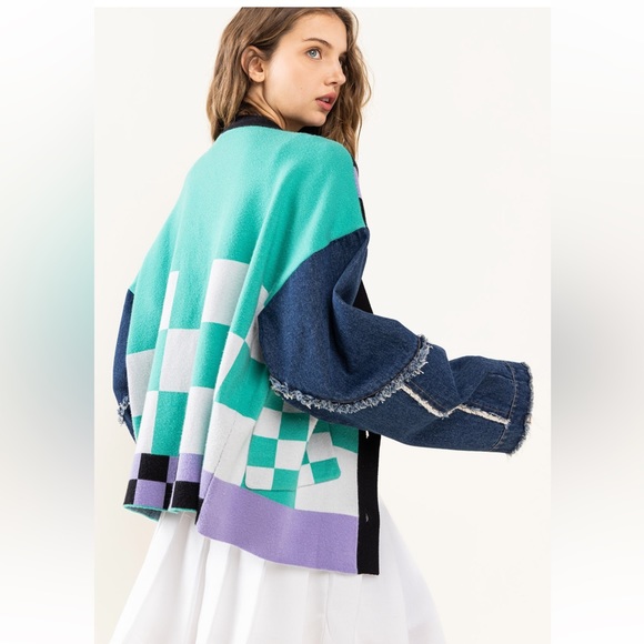 37 Fabulous reckerboard & Denim Patch Work Cardigan - Picture 8 of 8